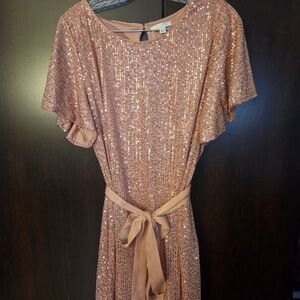 LC Lauren Conrad Rose Gold Sequin Midi Dress with Tie Waist